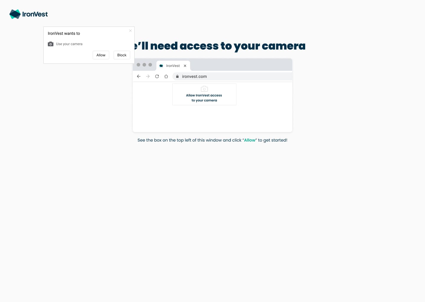 Camera access step showing where to click Allow in the browser prompt