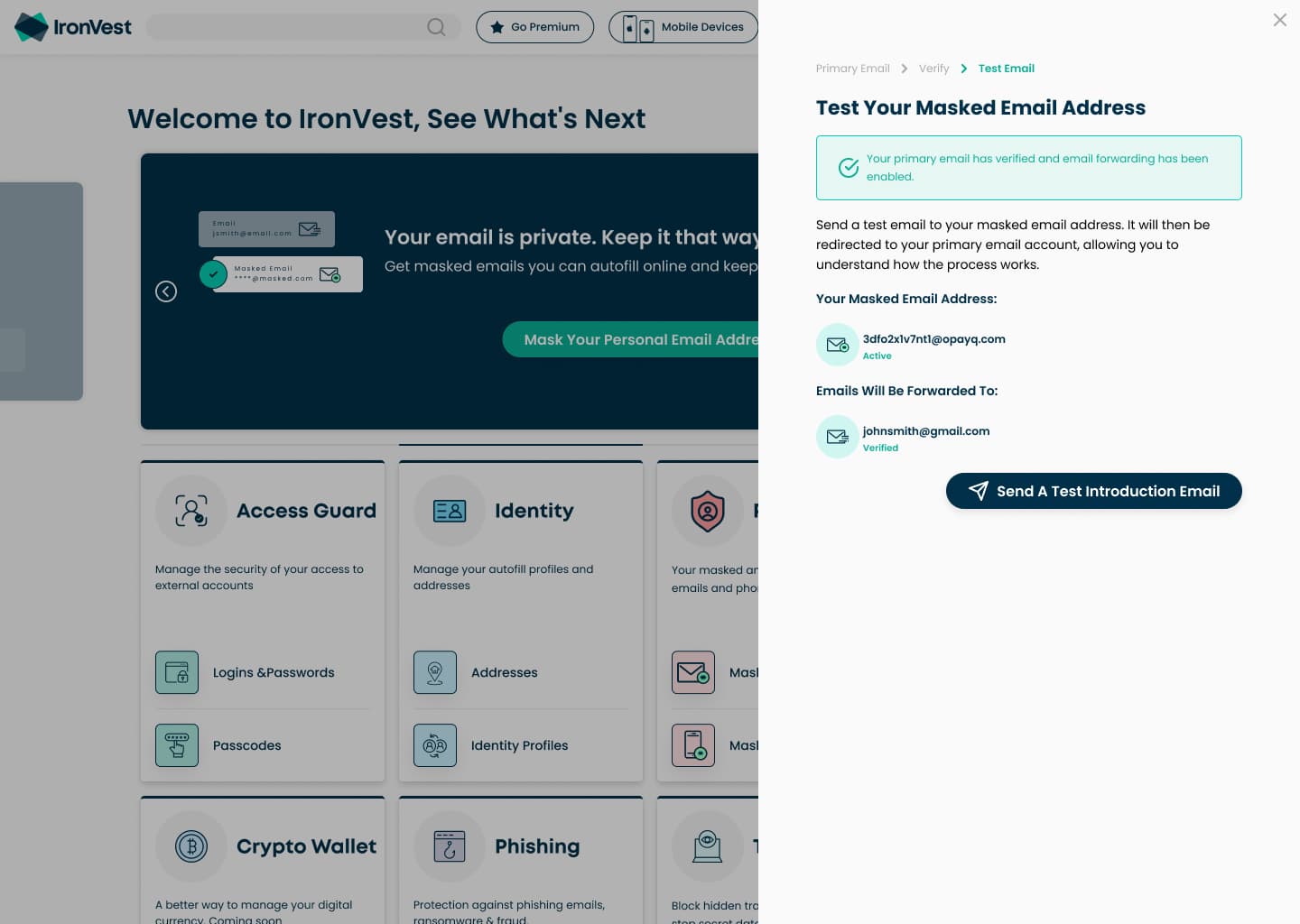 Side panel to test a new masked email address, with a verified confirmation