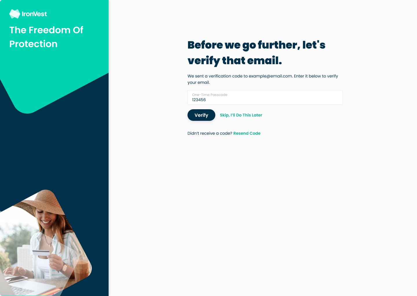 Email verification asking for the one-time code sent to the user's email