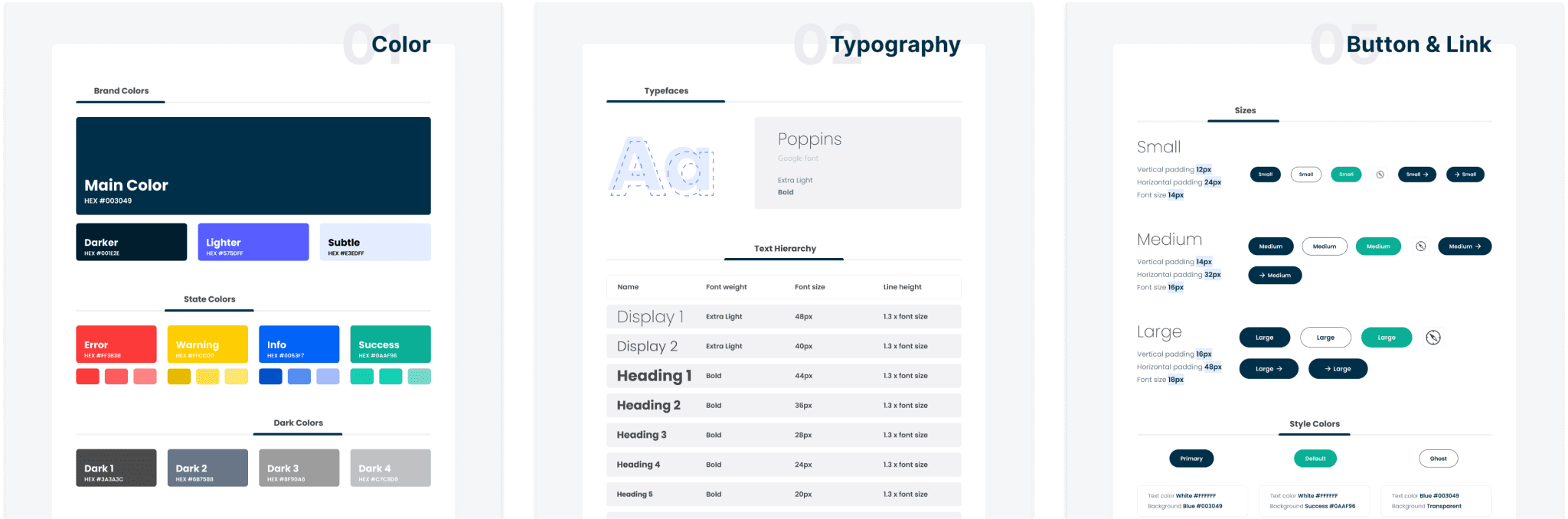 IronVest style guide: color palette, Poppins typography scale, and button and link styles