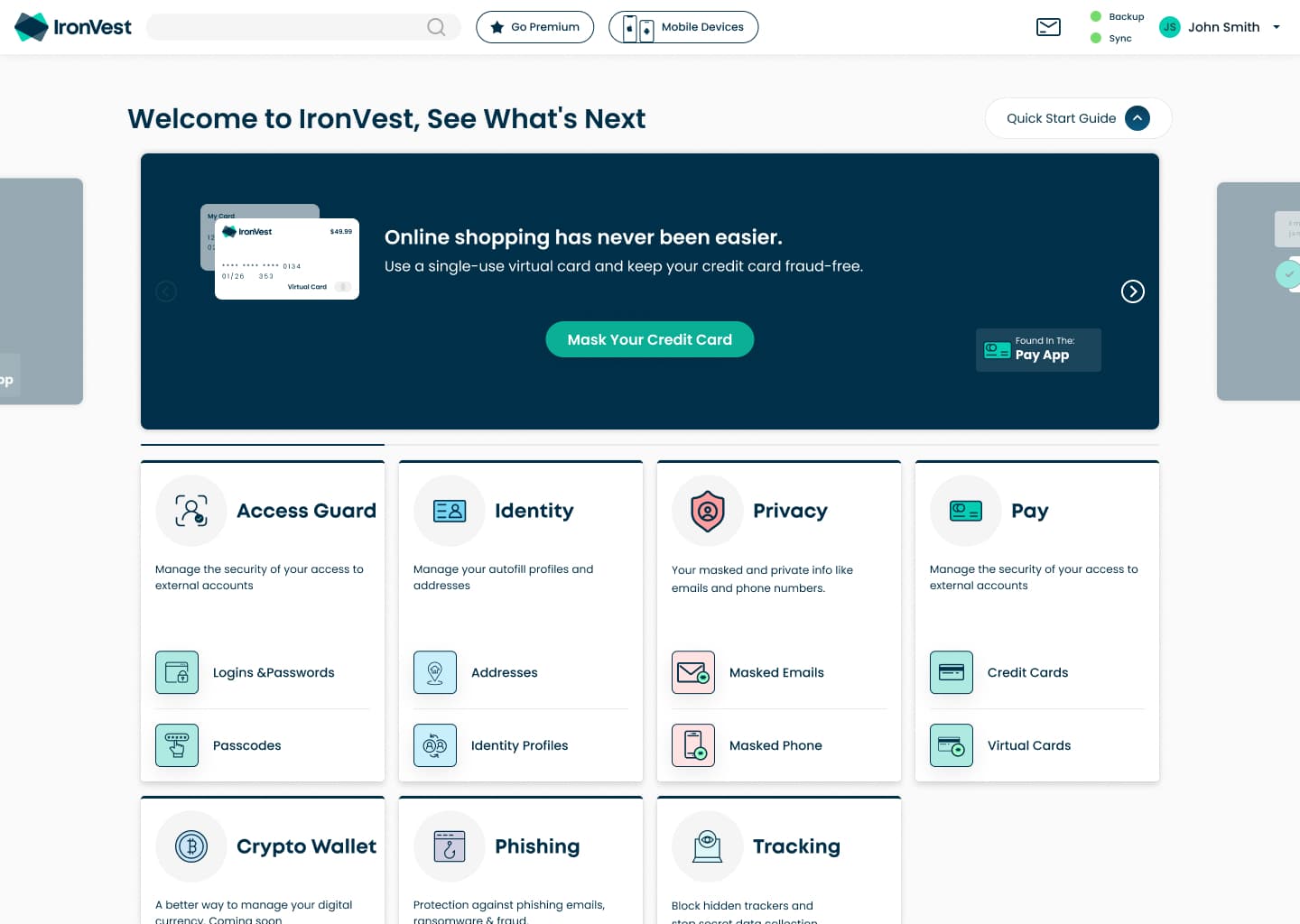 Quick Start Guide carousel on the dashboard: mask your credit card