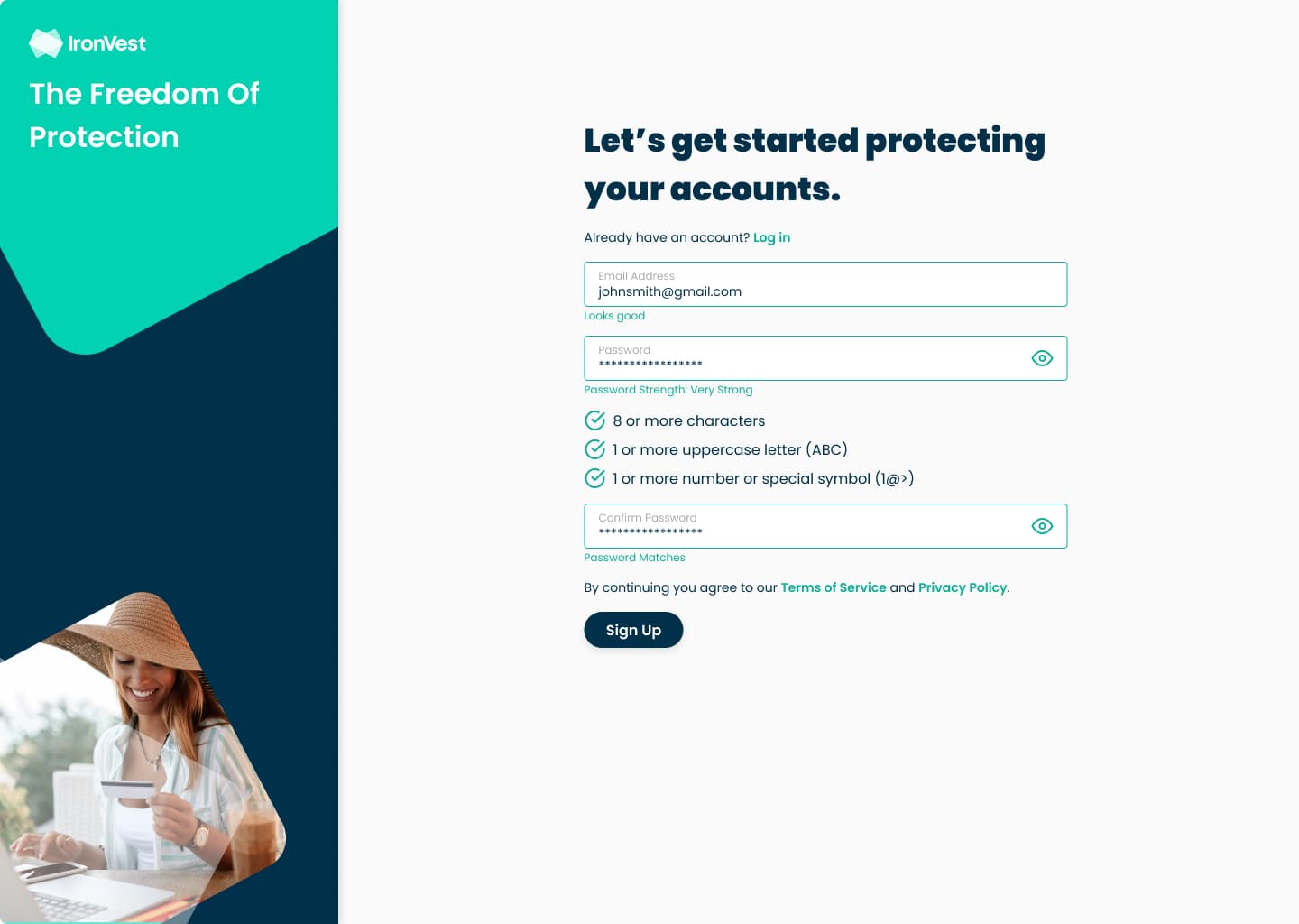 Sign-up form with email, password strength rules and password confirmation