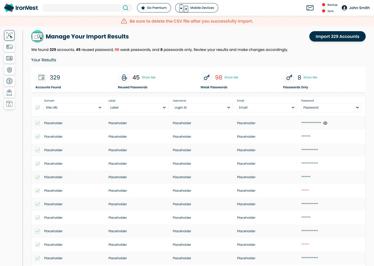 Access Guard import results showing accounts found, reused passwords and weak passwords