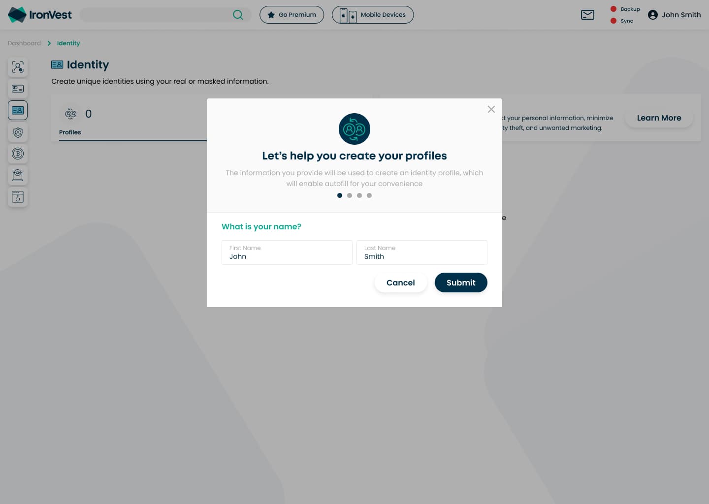 Identity app profile setup wizard, step 1: what is your name