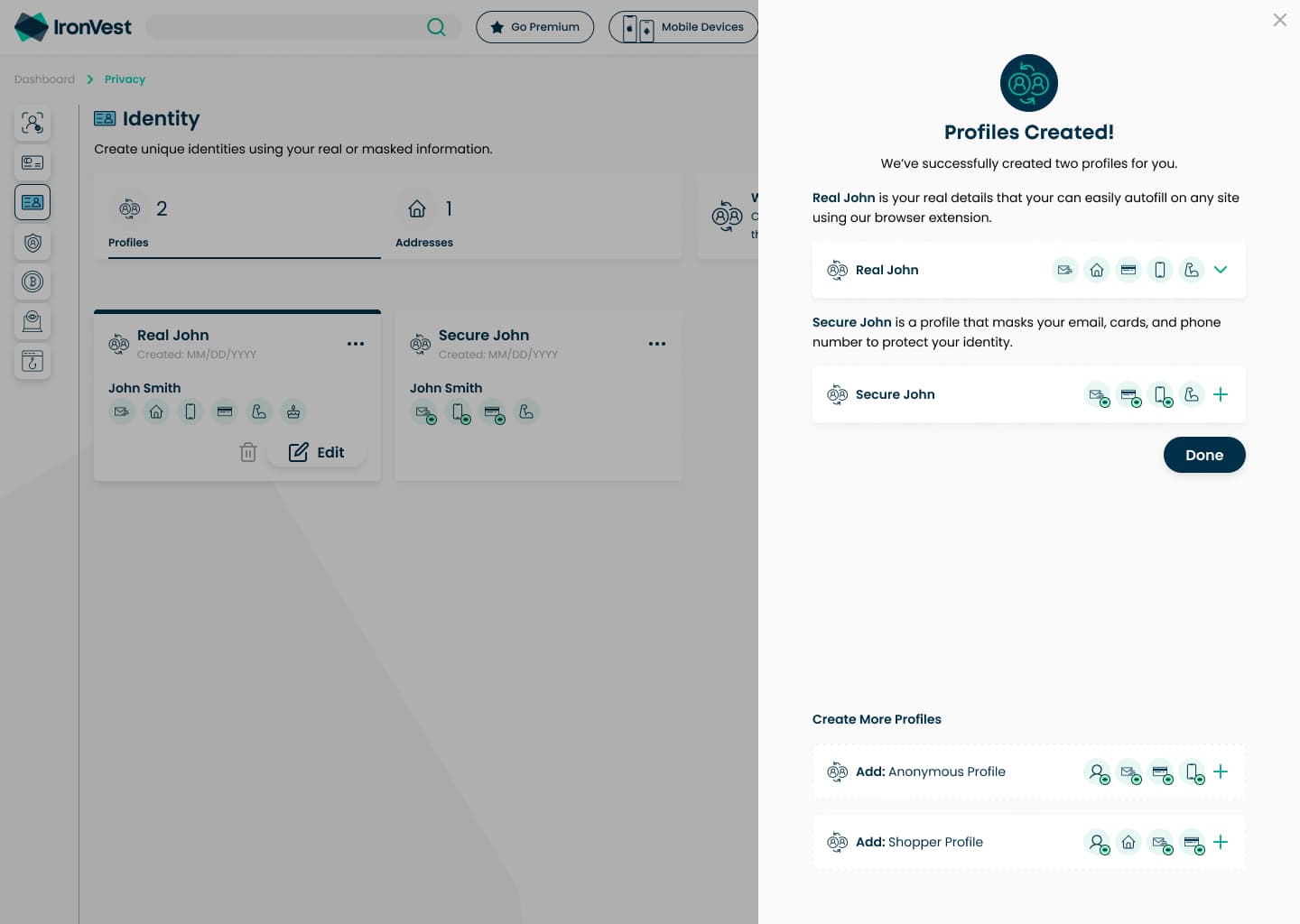 Identity app: Profiles Created panel with a real profile and a masked profile