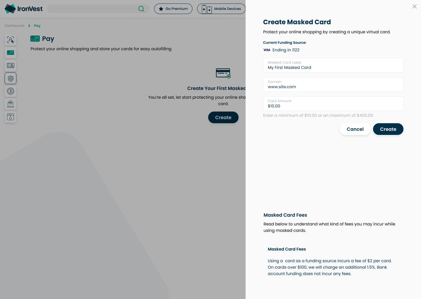 Pay app: Create Masked Card side panel with label, domain and amount
