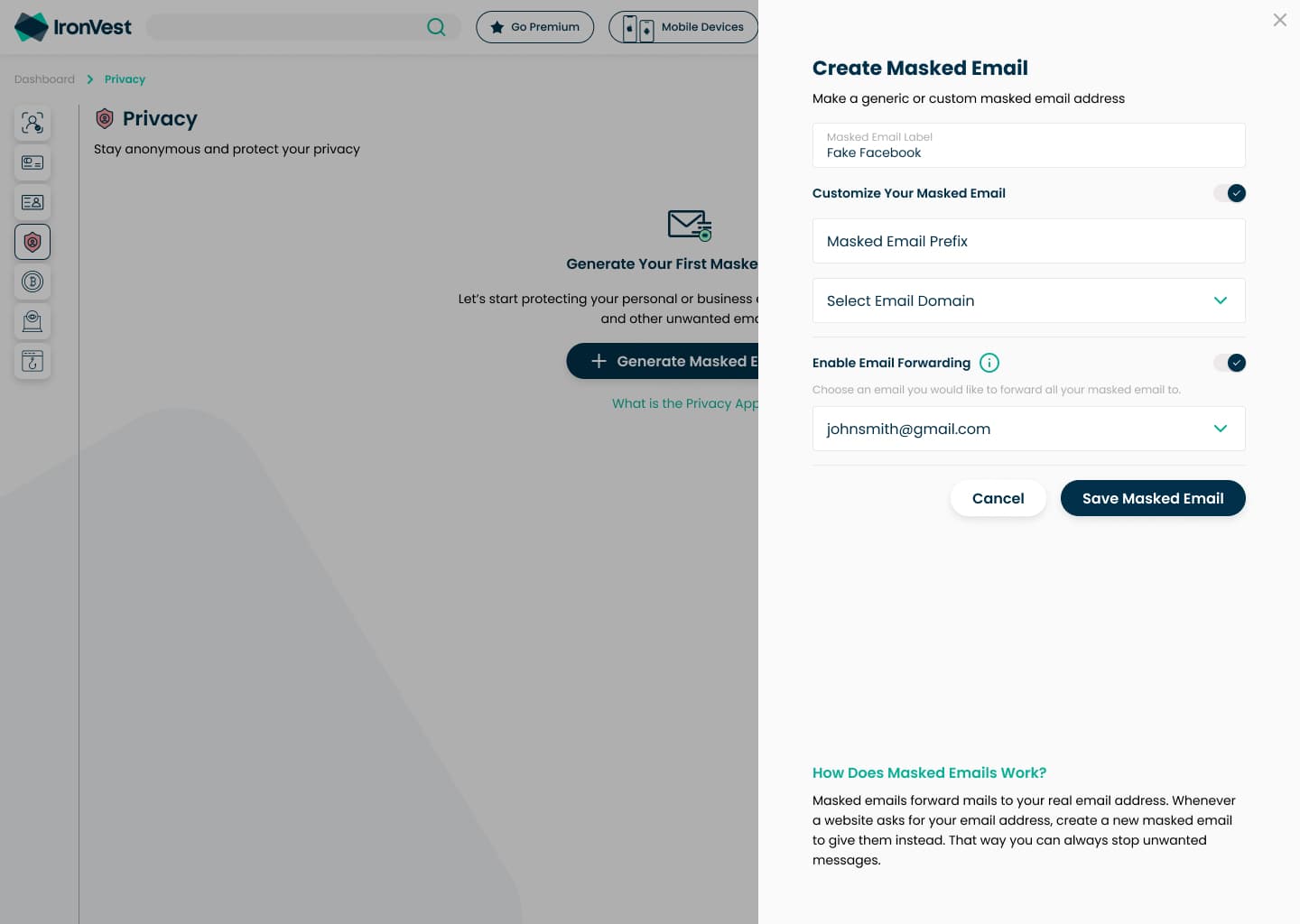 Privacy app: Create Masked Email side panel with label, prefix, domain and forwarding options
