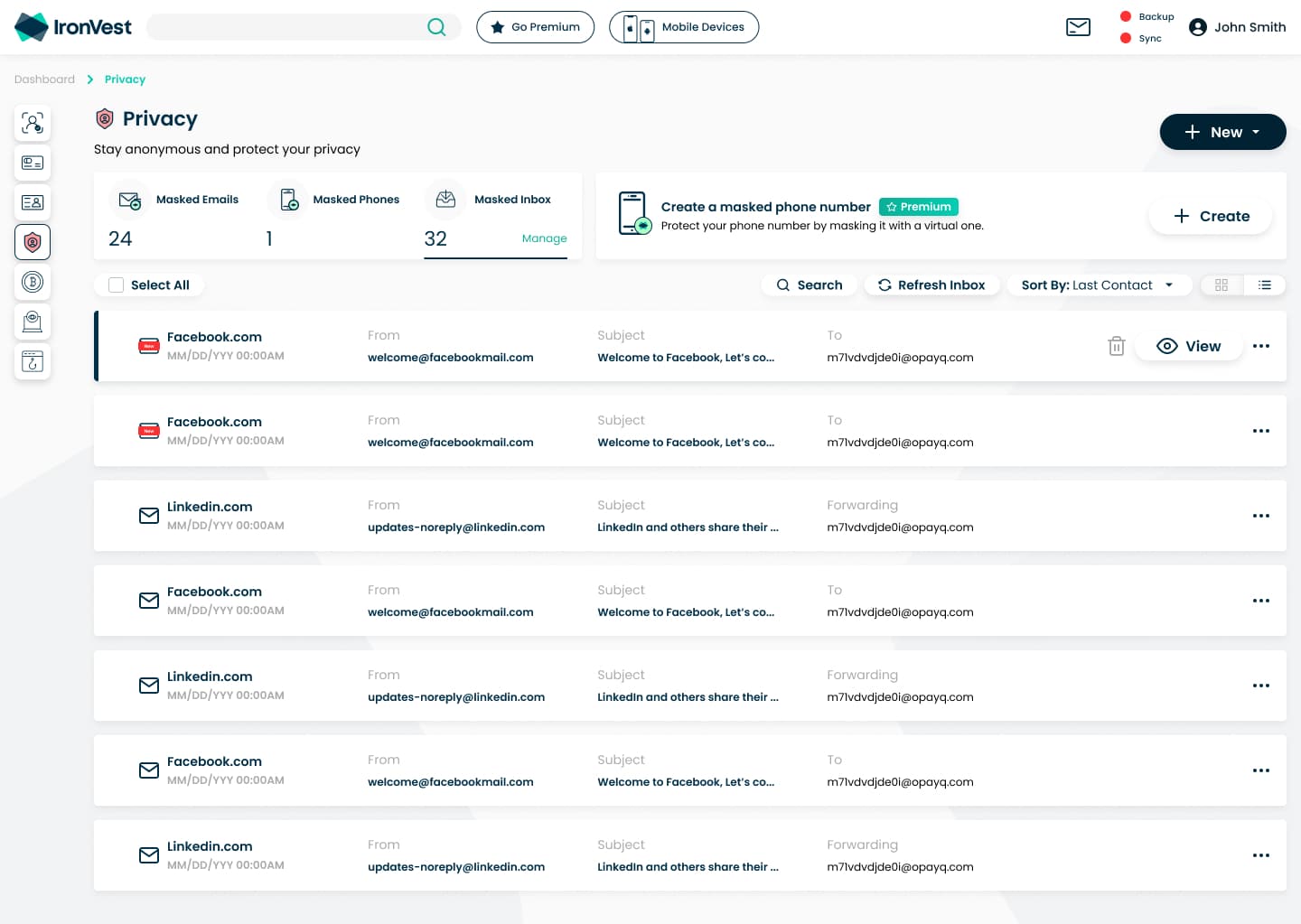Privacy app: masked inbox messages in a list