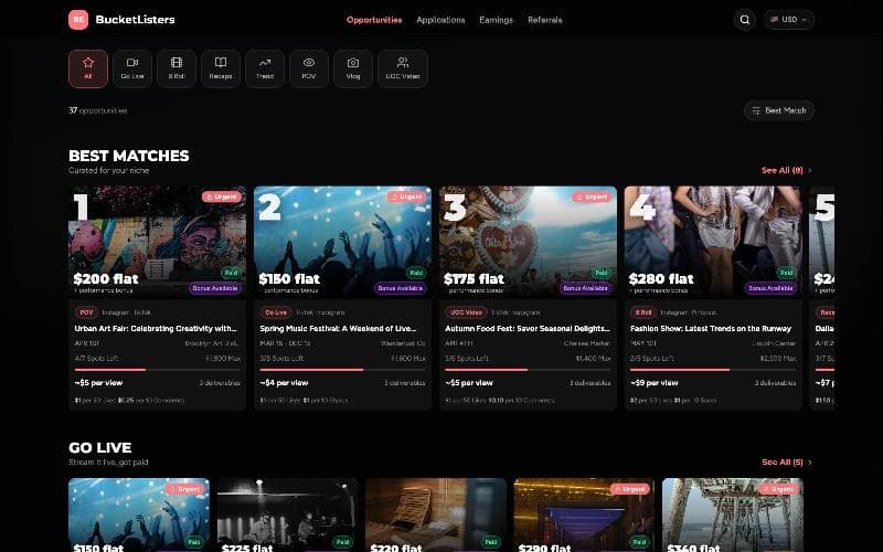 Creator opportunities feed with best matches, pay and spots left
