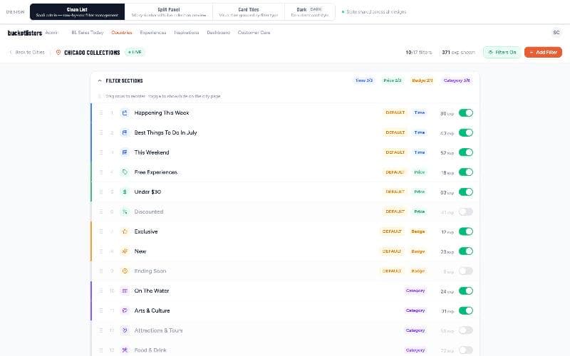 Chicago collections filter list with drag handles, filter types and on or off toggles