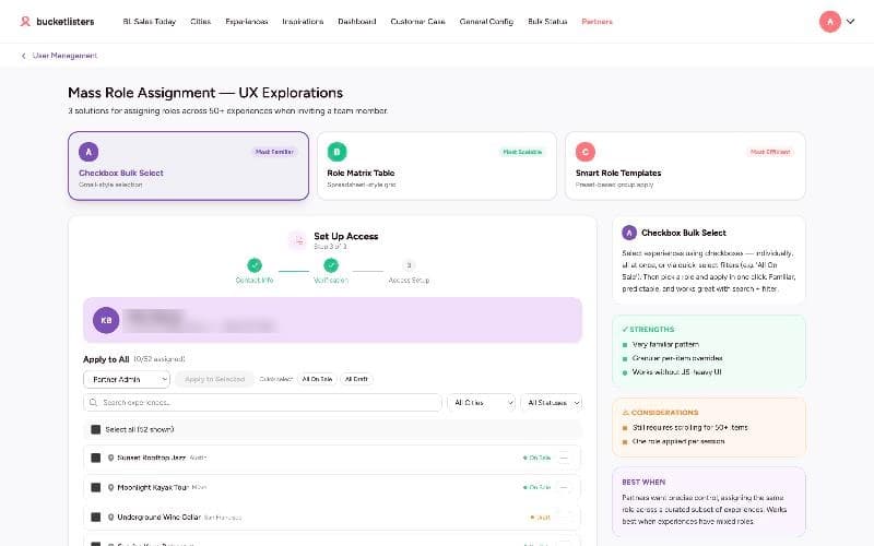 Mass role assignment explorations with three options and a step-by-step access setup