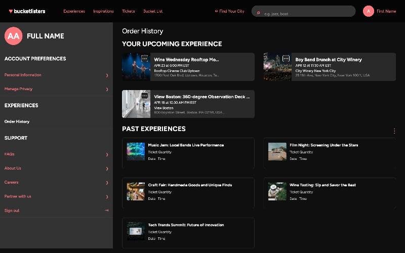 Account order history with upcoming and past experiences