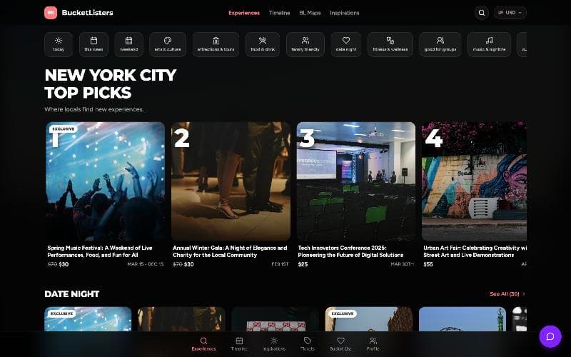 Web exploration home with category chips and New York City top picks