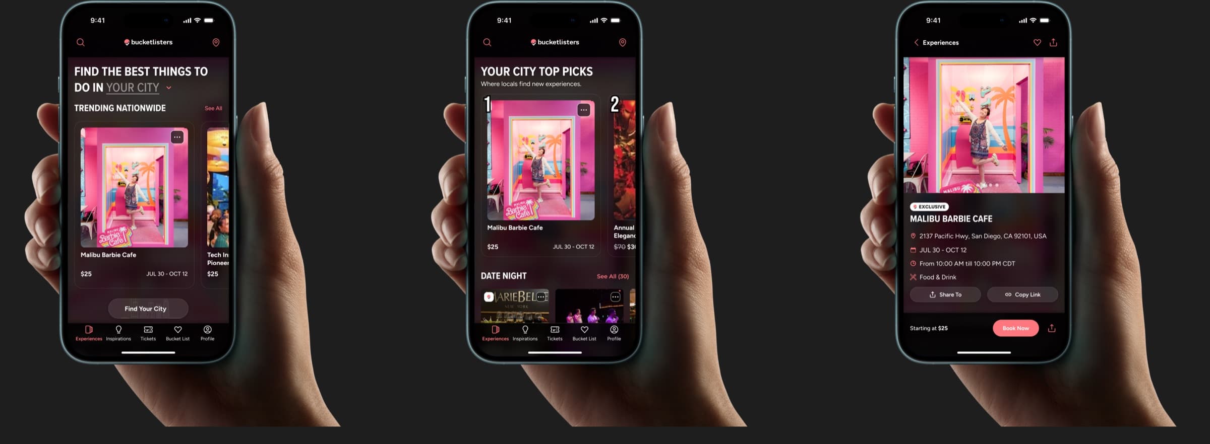 The refreshed Bucket Listers app: home, city top picks and an experience page