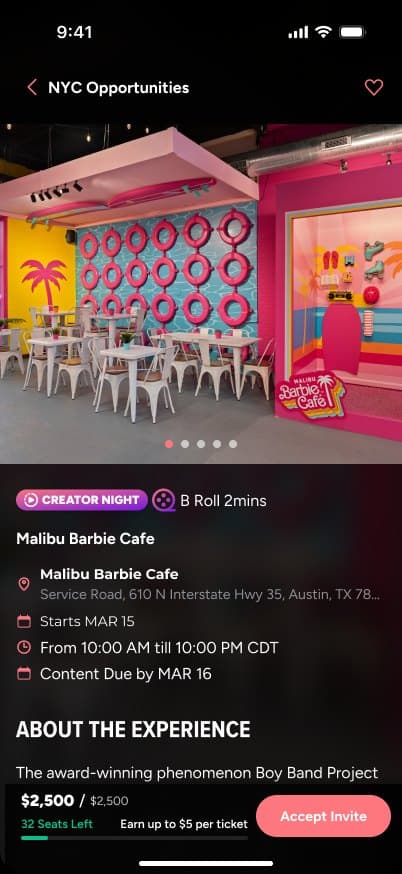 Creator Night at Malibu Barbie Cafe with event details and an Accept Invite button