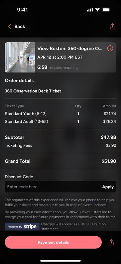 Checkout order details with share buttons in the header and next to Payment details