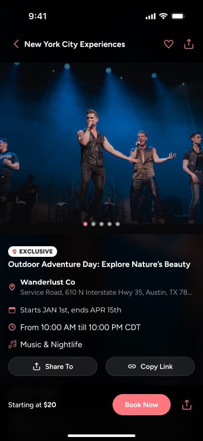 Experience page with share in the top nav, on the page and next to Book Now